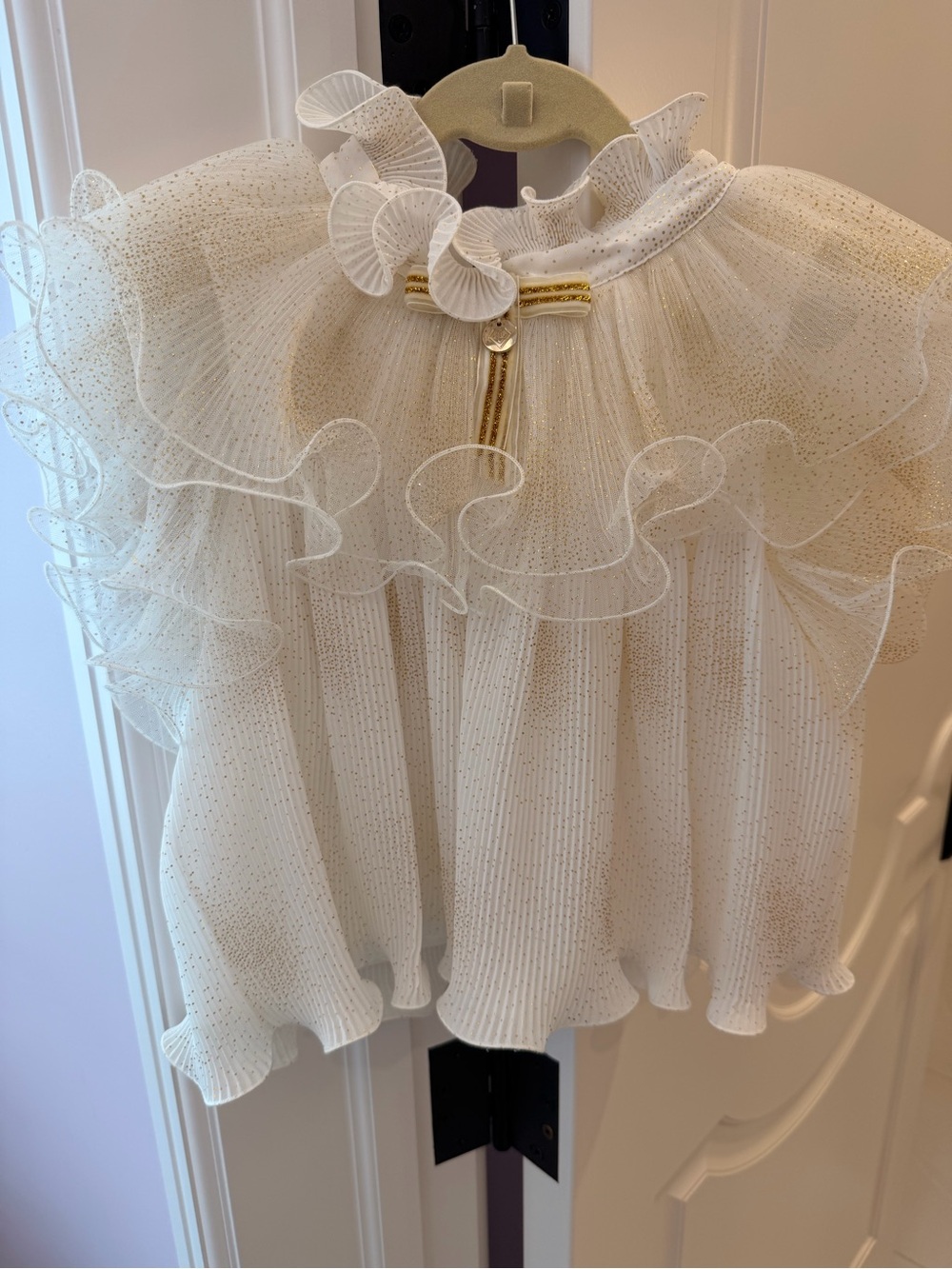 Girls' Cream Ruffled Mesh Blouse with Gold Trim